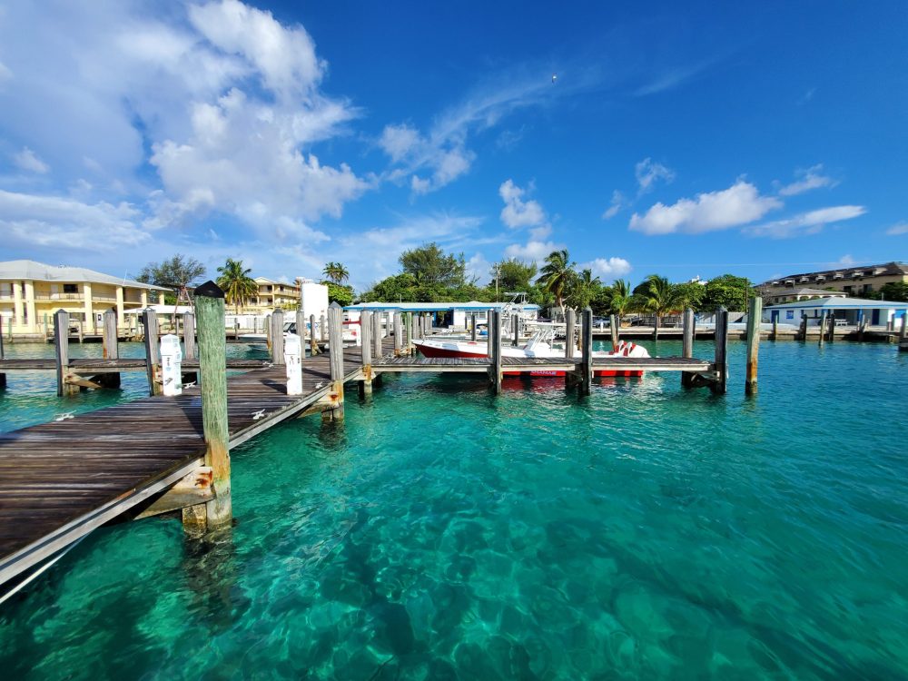 Bimini Blue Water Marina on North Bimini, Bahamas on sunny summer morning.