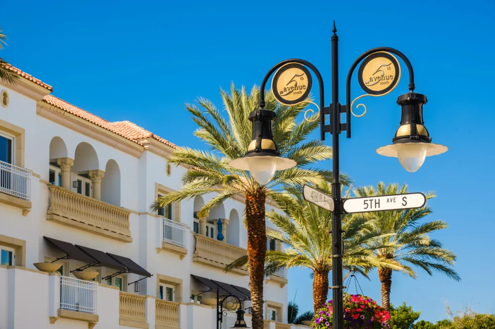 Scenic fifth avenue cityscape in the popular downtown district in Naples, Florida.