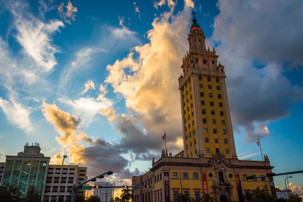 The Freedom Tower at sunset in downtown Miami, Florida.