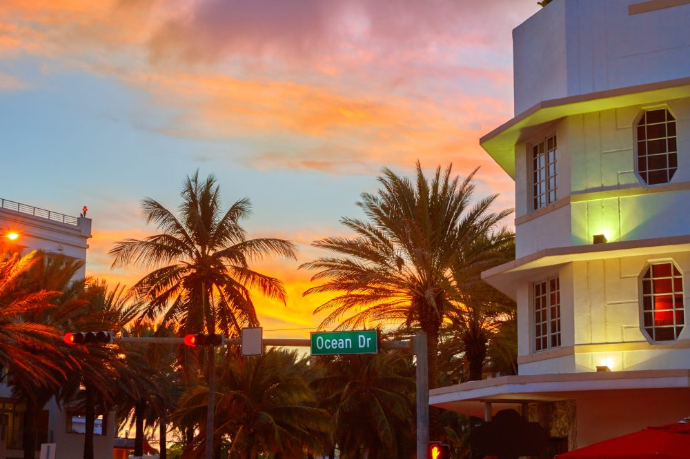 Miami Beach South Beach sunset in Ocean Drive sign Florida